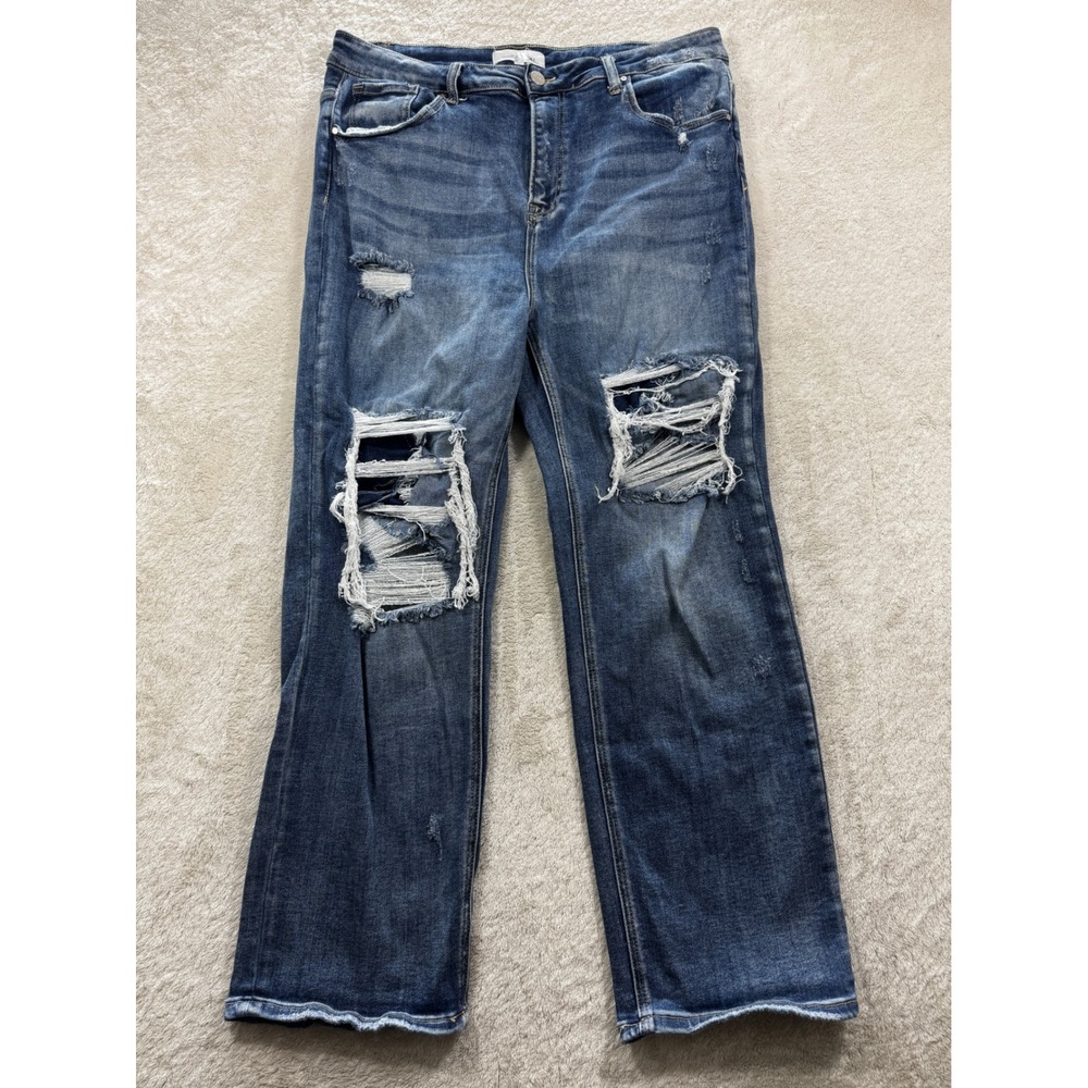 Risen Womens Distressed‎ Straight Leg Blue Denim Jeans 2XL Meas: 34x27